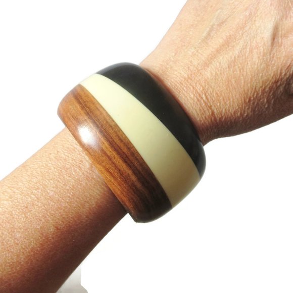 Black Brown Cream Striped Bangle Vintage Wood & Lucite Chunky Plastic Cuff - Picture 3 of 4